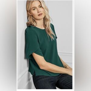 Dark Green Eileen‎ Fisher Womens Large 100% Silk Georgette Crepe Jewel Neck Top